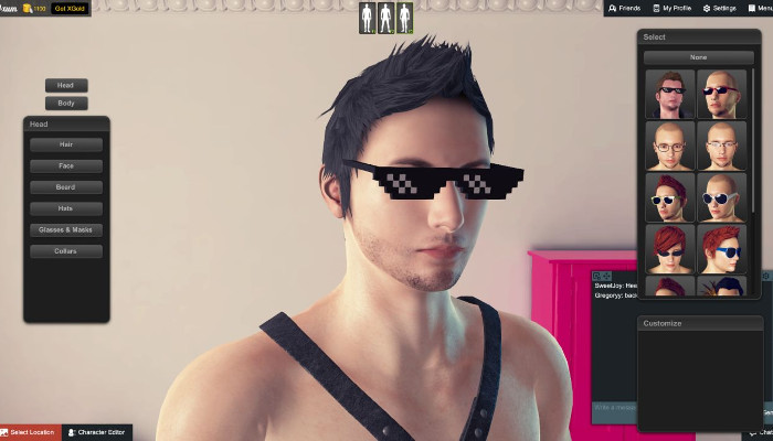 Male avatar face customization screen with selectable character options.