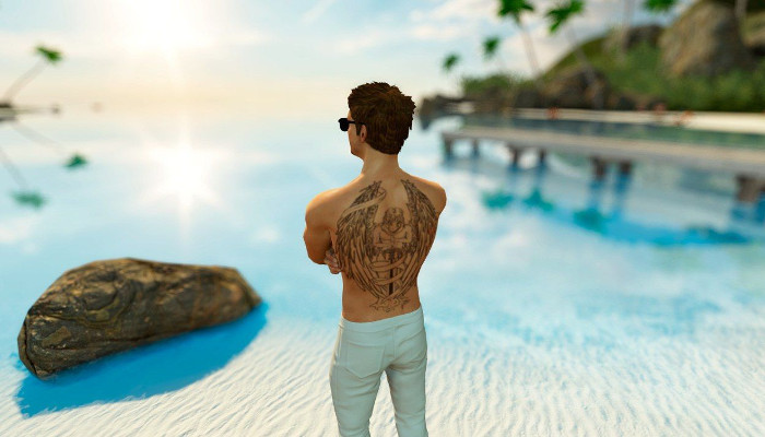 Male avatar in light trousers beside a tropical shoreline.