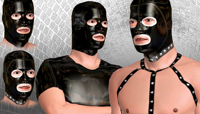 Three masked adult avatars in dark leather-themed clothing.