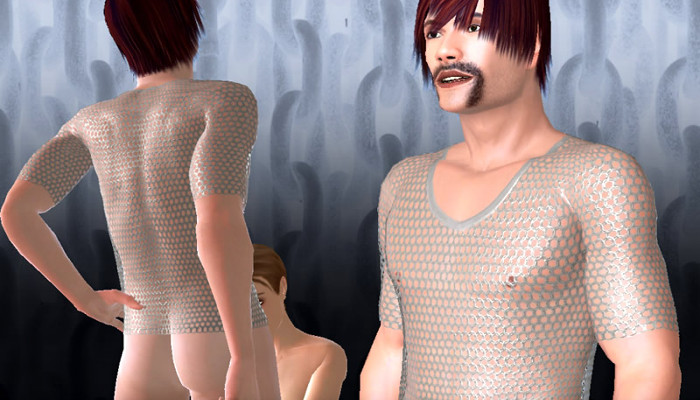 Two male avatars wearing translucent tops in a bright interior.