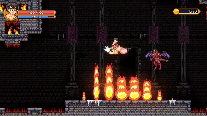 Side-scrolling battle with flames and fantasy enemies — Boyfriend's Rescue screenshot.