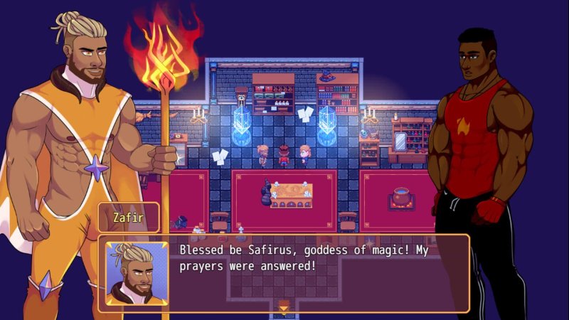 Fantasy RPG dialogue scene between two male characters — Burning Horns: A Bara Isekai JRPG screenshot.