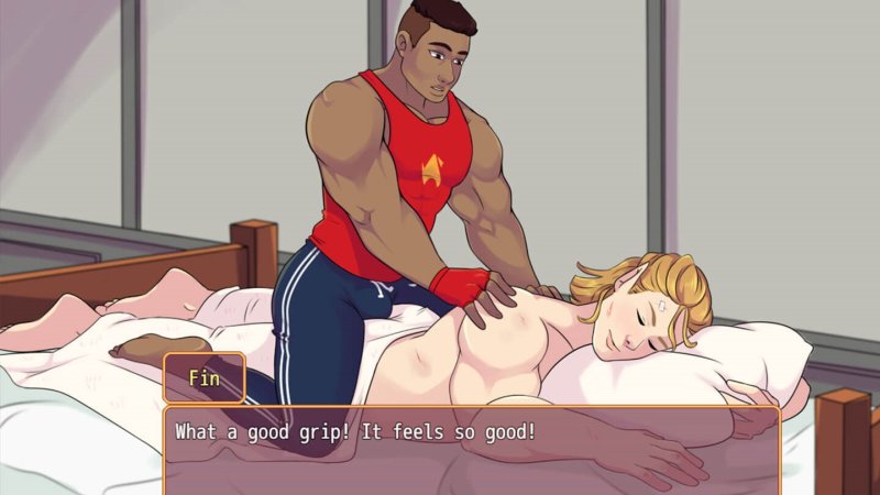 Illustrated adult man resting beside a bed in a visual-novel scene — Burning Horns: A Bara Isekai JRPG screenshot.