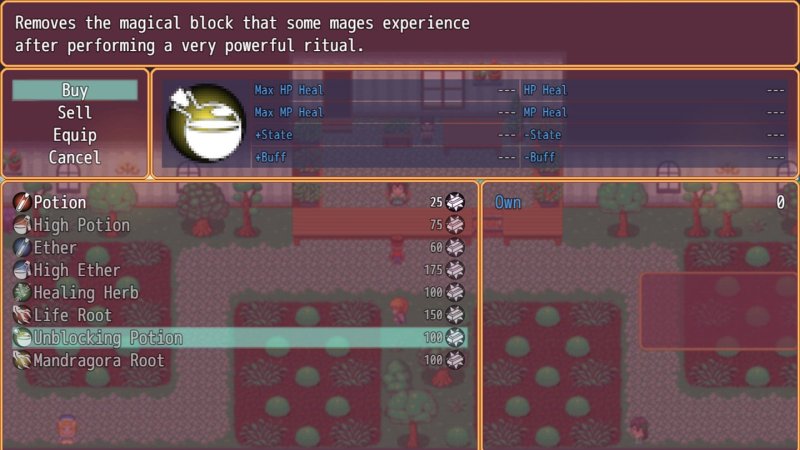 Fantasy quest inventory and game interface screenshot — Burning Horns: A Bara Isekai JRPG screenshot.