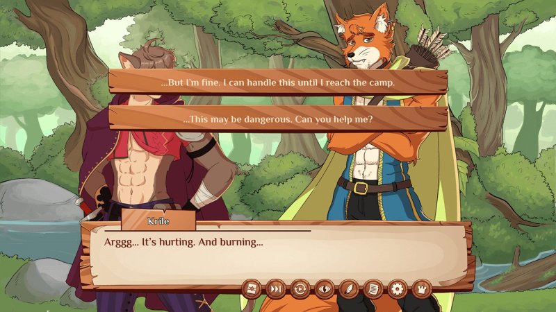 Fantasy furry visual novel dialogue in a wooded setting — Burrow of the Fallen Bear screenshot.