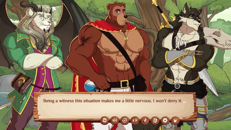 Group of muscular anthropomorphic adventurers in an outdoor scene — Burrow of the Fallen Bear screenshot.