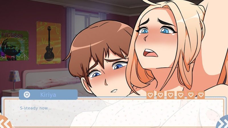Close-up visual-novel character expression in an interior scene — Cross Love (Ep.1) screenshot.