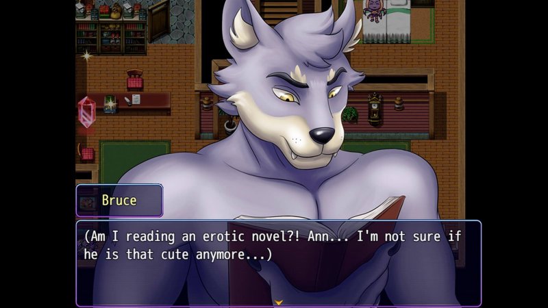 Adult furry character portrait during a visual-novel conversation — Cumming Hotel screenshot.