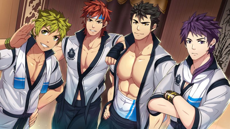 Four male visual-novel characters in white shirts — Full Service screenshot.