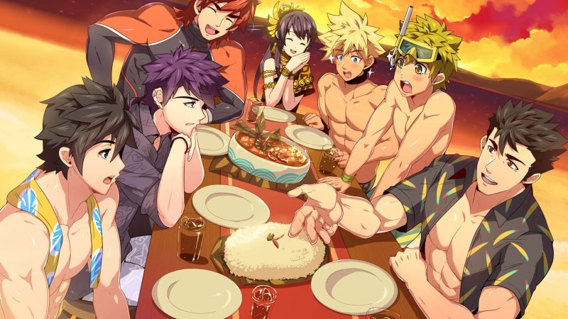 Group of anime-style male characters sharing a meal — Full Service screenshot.