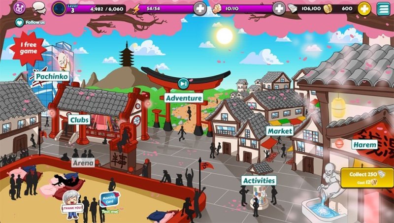 Colorful top-down map of the browser game world — Gay Harem screenshot.