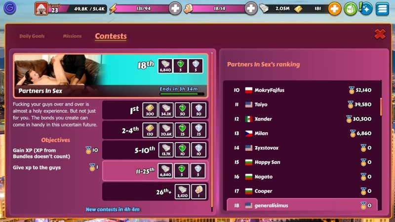 Character development and stats screen for adult performers — Gay Pornstar Harem screenshot.