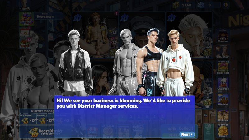 Visual novel dialogue with adult male characters in suits — Idle Studs screenshot.