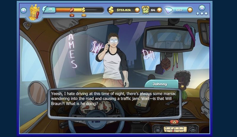 Gay-themed illustrated game conversation with character portraits — Men Bang screenshot.