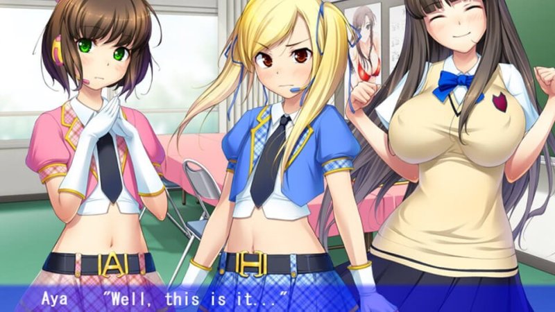 Anime visual-novel group portrait in coordinated stage costumes — School Idol QT Cool screenshot.