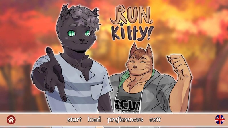 Run Kitty furry game title screen with two cartoon male characters — Run, Kitty! screenshot.