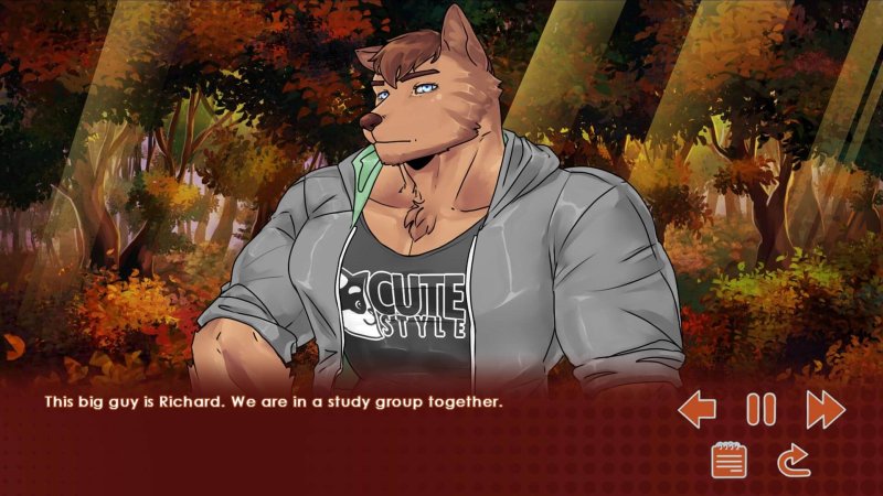 Male anthropomorphic wolf in a denim jacket during dialogue — Run, Kitty! screenshot.