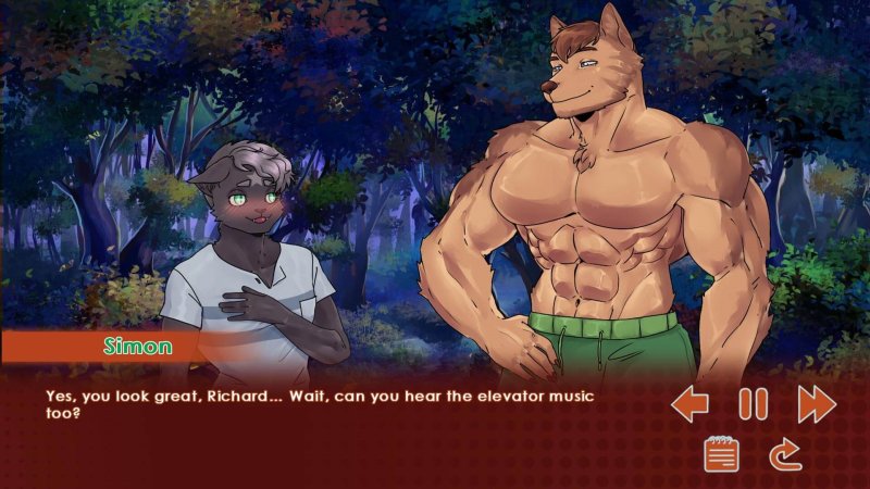 Two male furry characters speaking in a nighttime forest — Run, Kitty! screenshot.