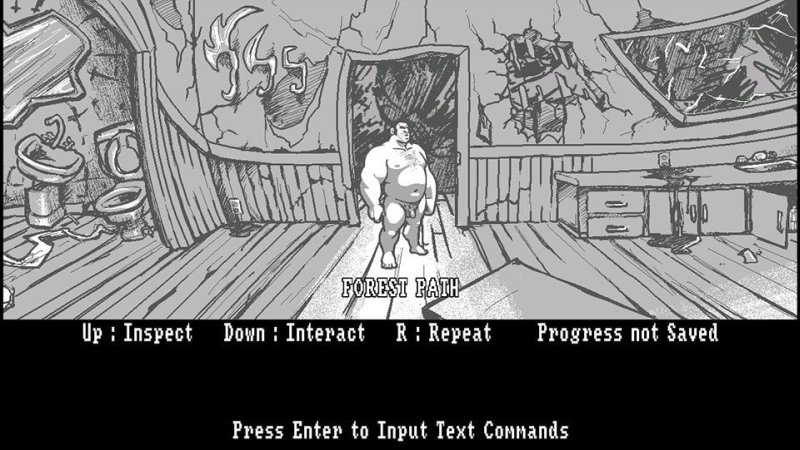 Black-and-white sketch adventure game interior with adult characters — See No Evil screenshot.