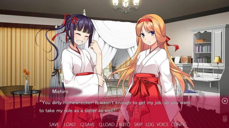 Anime dialogue scene with two shrine characters indoors — Trap Legend screenshot.