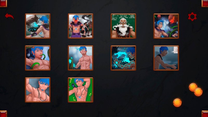 Thumbnail gallery of unlockable adult male puzzle scenes — Villain Project screenshot.